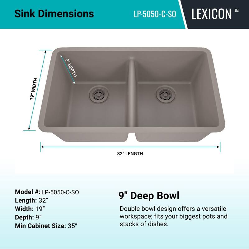 Lexicon Double Bowl 50/50 Undermount Granite Kitchen sink Galaxy Concrete - 19" W x 32" L x 9.75" H