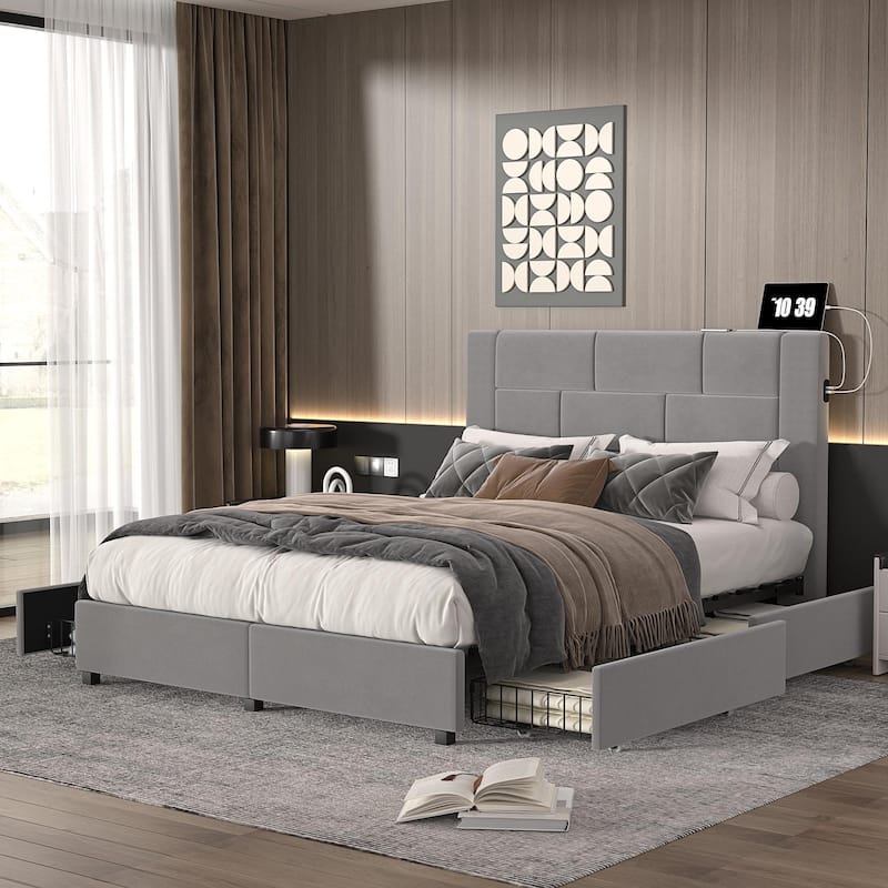 VECELO Upholstered Storage Bed Frame with 2 Side USB Ports and 4 Big Space Drawers, Velvet Headboard and Charging Station-Ports - Drak Grey - Full
