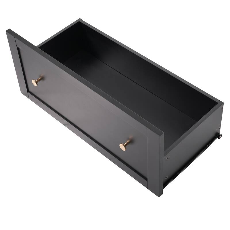 Modern Bathroom Storage Cabinet with Glass Doors and Drawers, Tall Freestanding Floor Cabinet with Adjustable Shelves