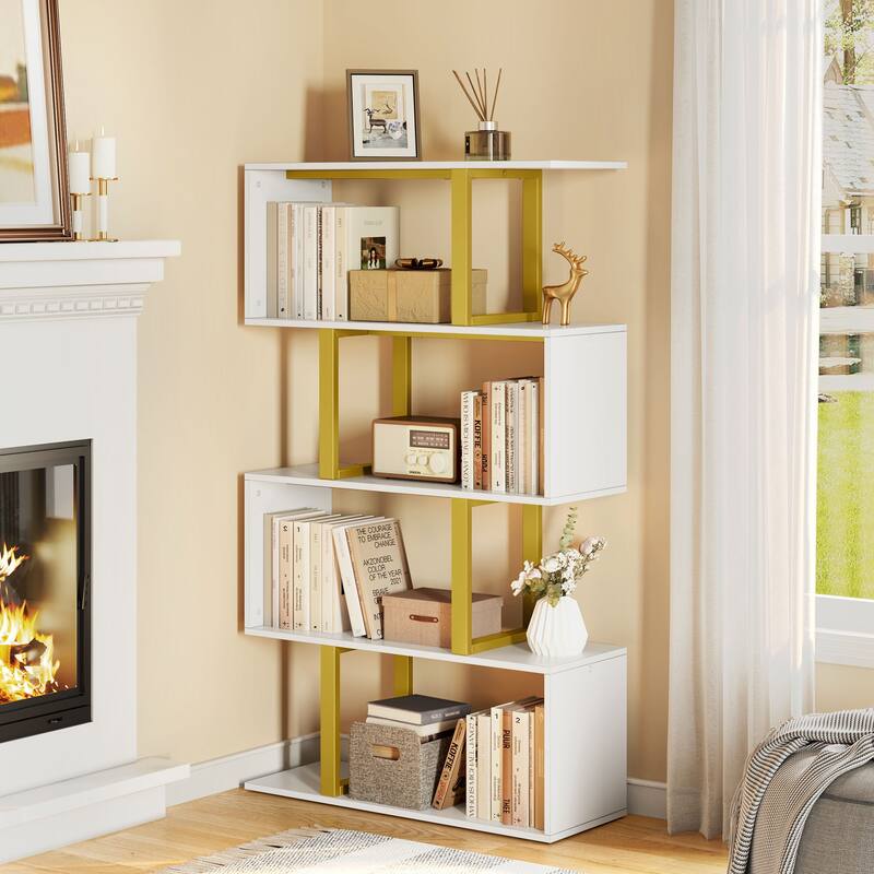 Moasis Modern Corner Shelf Bookcase Bookshelf with Unique S Shaped for Living Room and Home Office