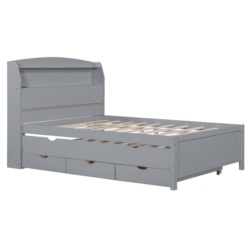 Full Size Wooden LED Platform Bed with Trundle, Storage Headboard, and Drawers in Gray
