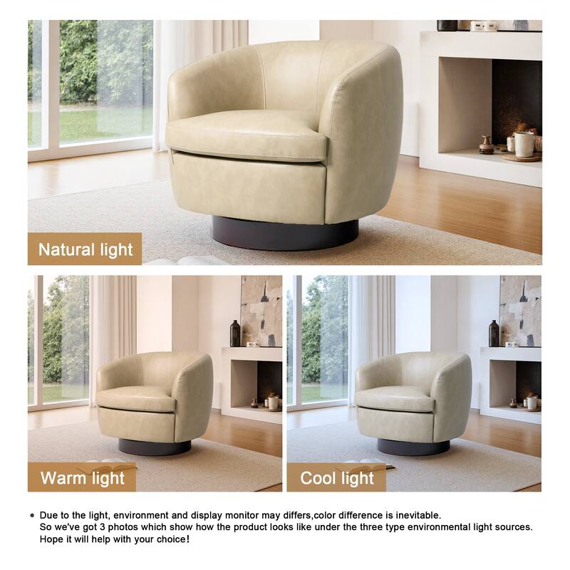 Leather Upholstered Swivel Barrel Accent Chair With Wood Base