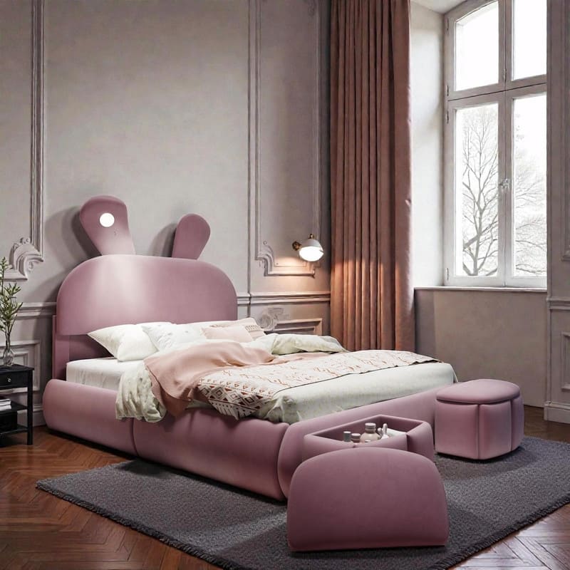 Full Size Upholstered Platform Bed with Cartoon Ears Headboard & Built-In Light