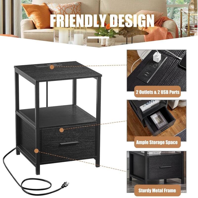 VECELO Nightstand Set of 1/2, Modern Square Side End Table, Living Room, Study Metal Frame
