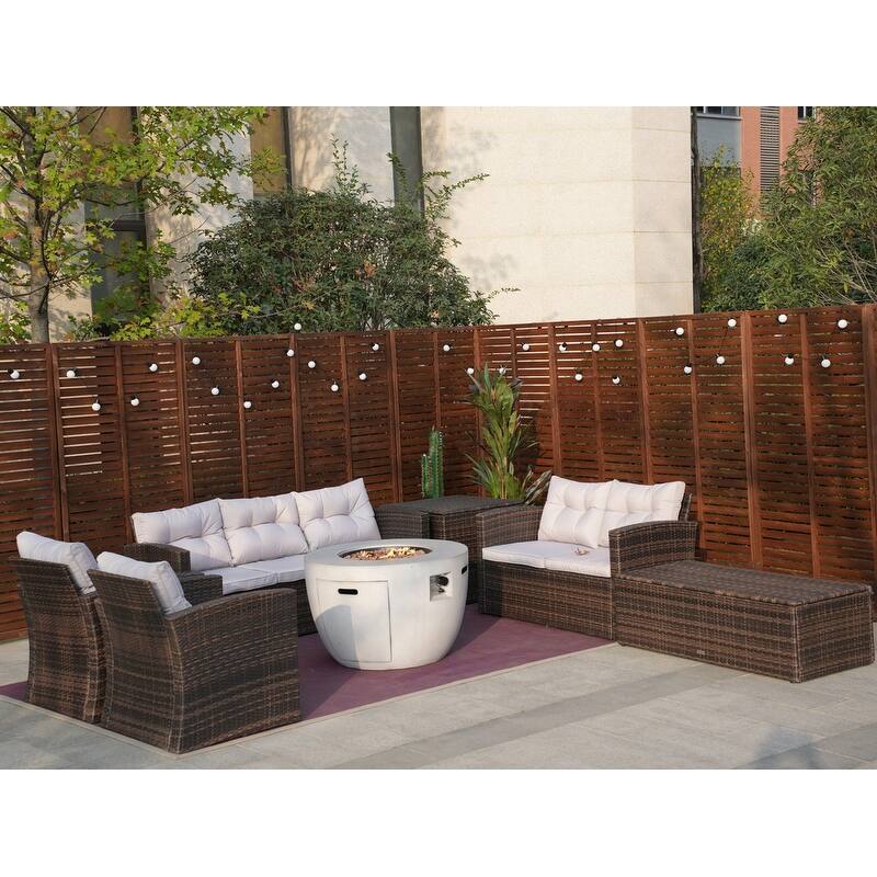 7-Piece Outdoor Rattan Conversation Sofa Set with Fire Pit Table
