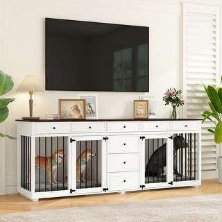 47" Dog Crate Furniture , Wooden Dog Kennel Indoor TV Stand With 2 Drawers And 4 Shelves Decorative Dog Cage With Storage For Dogs