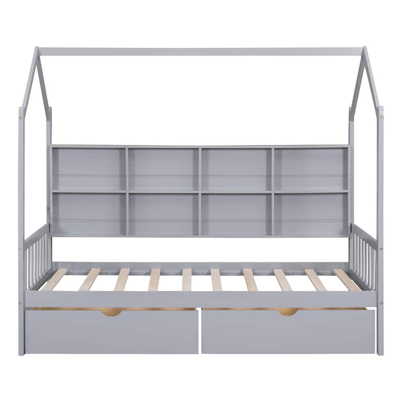 Wooden Twin Size House Bed with 2 Drawers,Kids Bed with Storage Shelf