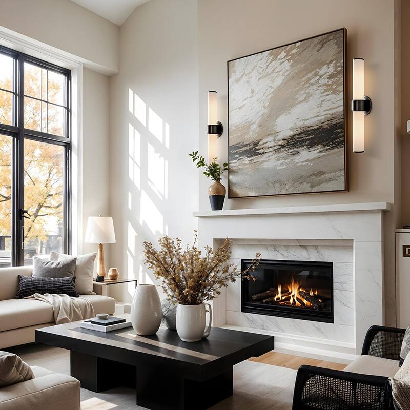 Modern Double Wall Sconce - Metal, Glass & Matte Black, Ivory White Sconces for Hallway or Accent Walls in Contemporary Style