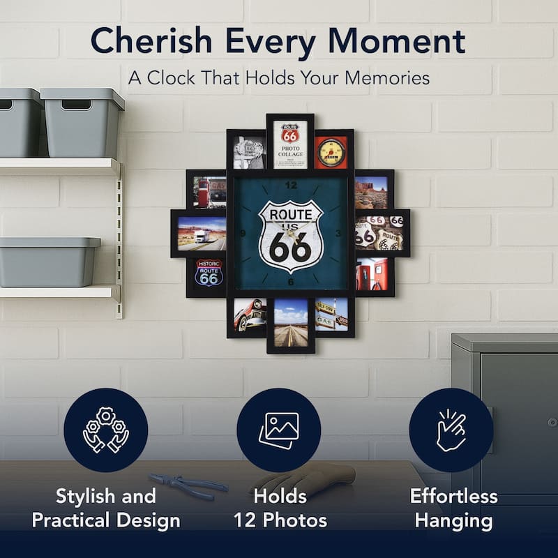 American Art Decor Picture Frame Collage Wall Clock 12 Photo Display Slots