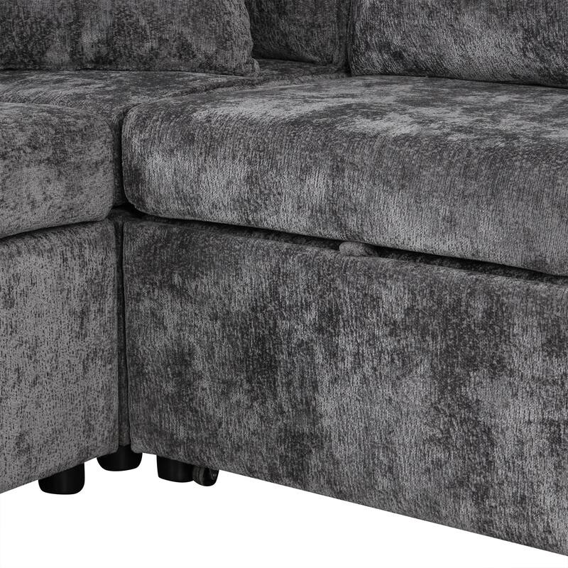 Sectional Sofa Pull-out Bed with Storage Ottoman and Charging Devices