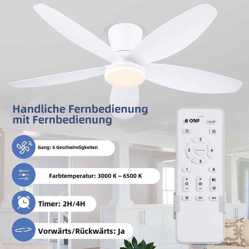 36"/42"/48" Low Profile Ceiling Fan with ABS Blades 3 Color LED Flush Mount for Bedroom Living Room APP and Remote Control