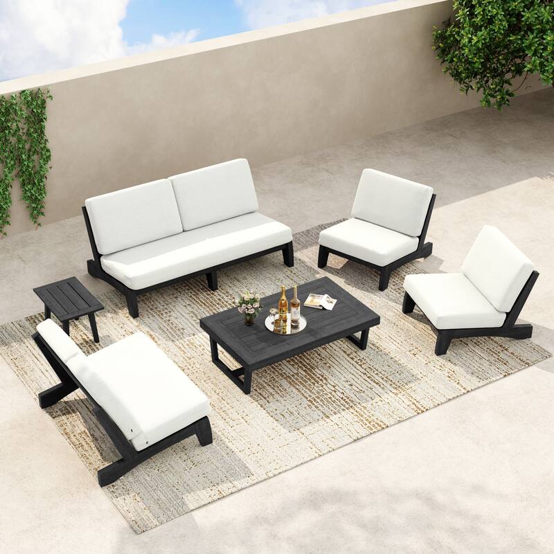 8-Piece Outdoor Sofa Set with Loveseat, 2 Club Chairs & Matching Tables - Beige/Black Wood - Separate cushion