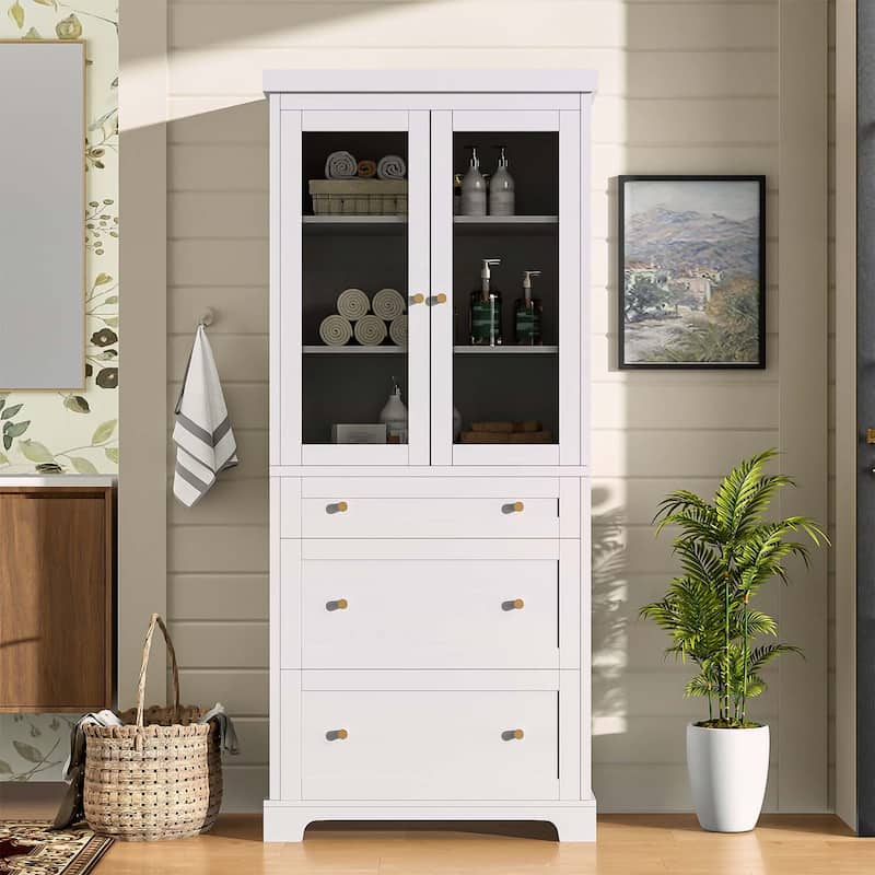 Modern High Freestanding Tall Bathroom Cabinet with 2 Adjustable Shelves,3 Drawers - White