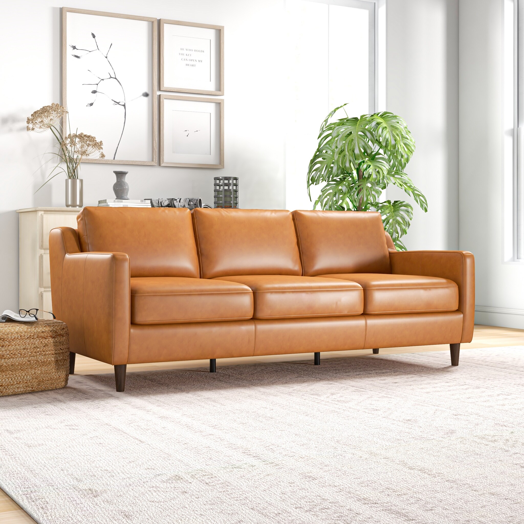 Madeline Mid Century Modern Furniture Genuine Leather Couches in Cognac Tan