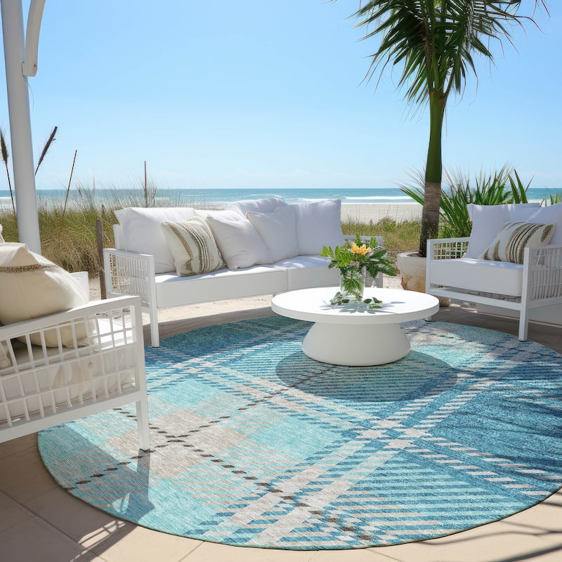 Machine Washable Indoor/ Outdoor Chantille Plaid Cozy Rug - Teal - 8' x 8'