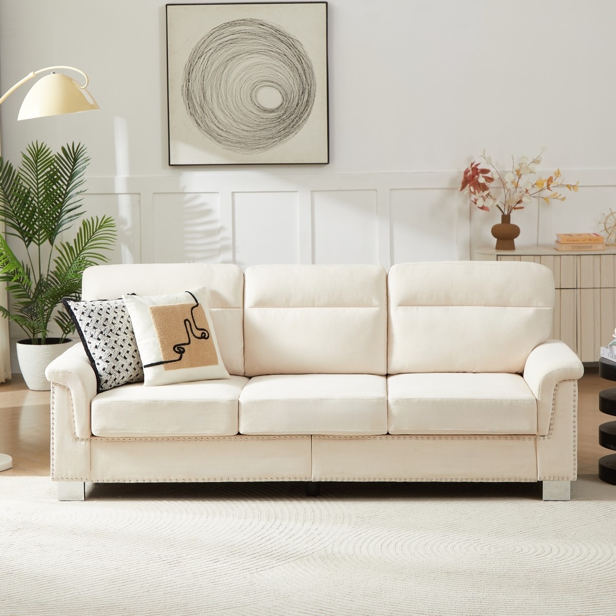 84.2" Modern Snowfleece Fabric 3-Seater Sofa with Nailhead Trim