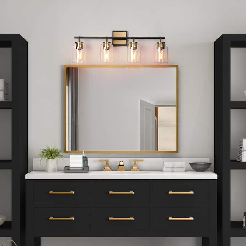 Modern Farmhouse 4-Light Bathroom Vanity Light Black Gold Glass Wall Sconce