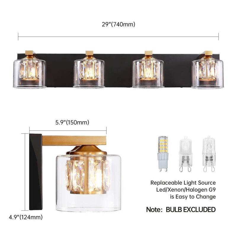 Kolt Black & Gold Traditional 4-Light Bathroom Vanity Light