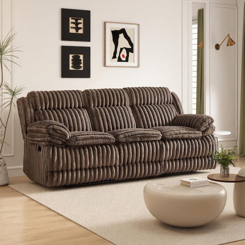 Roundhill Furniture Ardello Manual Reclining Sofa with Wide-Wale Corduroy Upholstery and Built-In Power Center, Chocolate