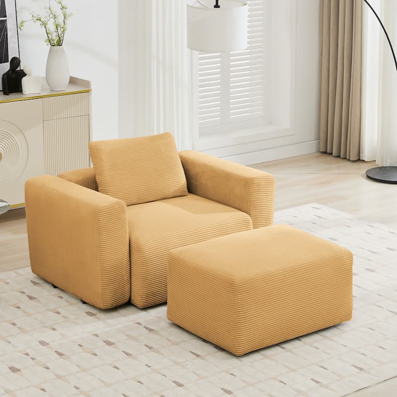 Corduroy Sectional Modular Sofa with Square Arms & Ottoman Extension for Flexible Arrangements