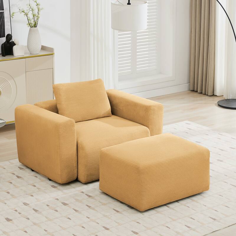 Corduroy Single Sofa Chair with a Large Ottoman, Square Arms & Ottoman Extension