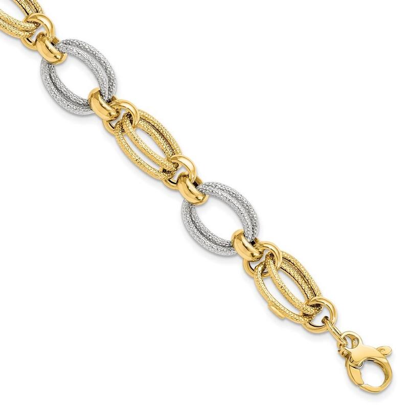 Curata 11mm 14k Two tone Gold Polished and Textured Fancy Link Bracelet 8 Inch