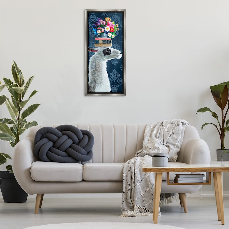 Stupell Llama with Book & Flower Arrangement Framed Floater Canvas Wall Art Design By Heather Gauthier