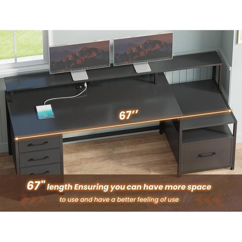 Home Computer Desk File Drawer & Power Outlet 5 Drawer Monitor Shelf