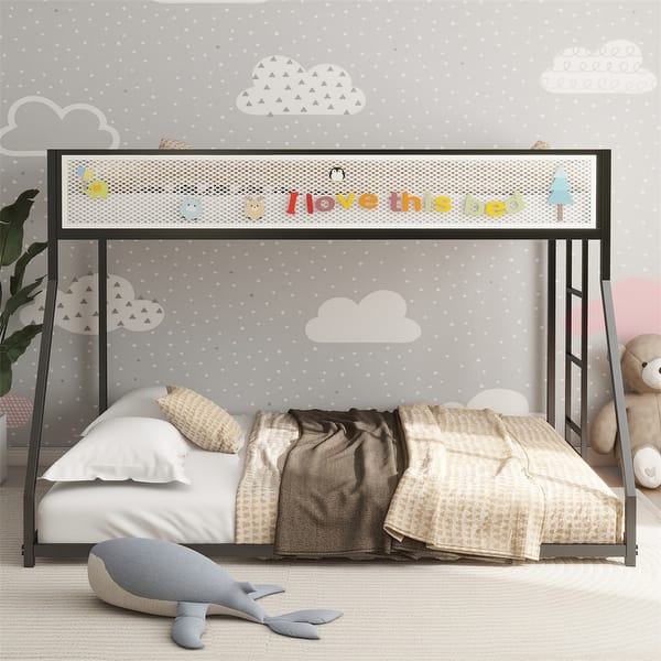 slide 2 of 12, Twin Full Bunk with White Mesh Guard Rail and Stable Ladder
