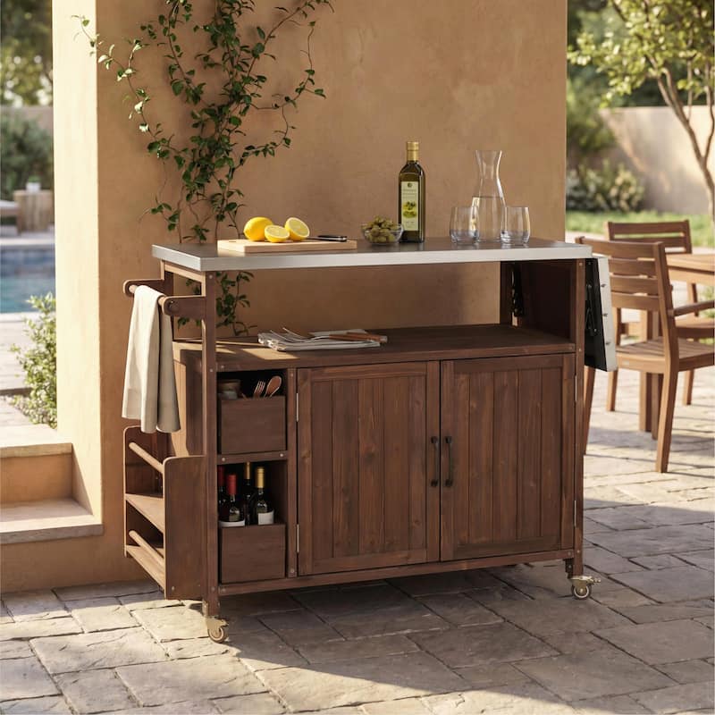 Christopher Knight Home - 54.33" Solid Wood Mobile Outdoor Kitchen Cart with Stainless Steel Top & Spice Rack & Lockable Wheels - Brown