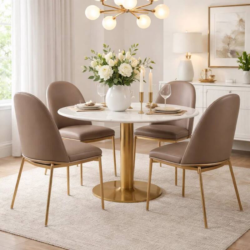 20 Inch Set of 2 Dining Chairs, Brass Tubular Frame, Taupe Faux Leather