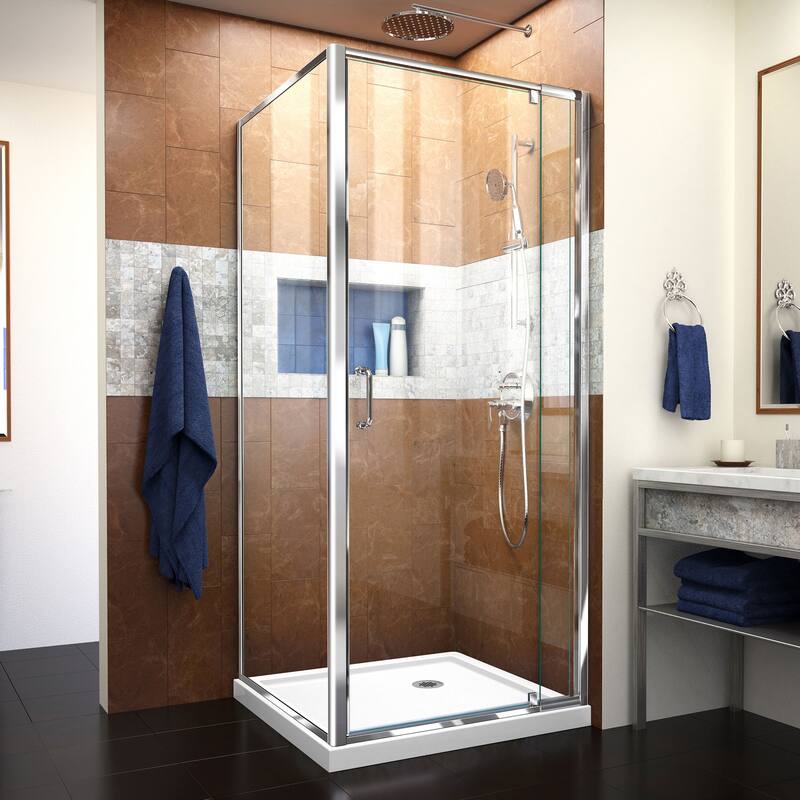 DreamLine Flex 32 in. D x 32 in. W x 74 3/4 in. H Pivot Shower Enclosure and Shower Base Kit - 32" x 32" - 32" x 32" - White Base Chrome Finish