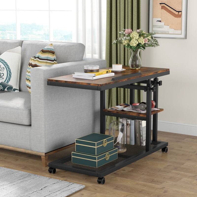 Height Adjustable C Table with Wheels, Laptop Table for Sofa Couch Bedside