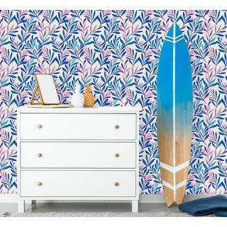 Blue and Pink Leaves Wallpaper Peel and Stick and Prepasted - Bed Bath