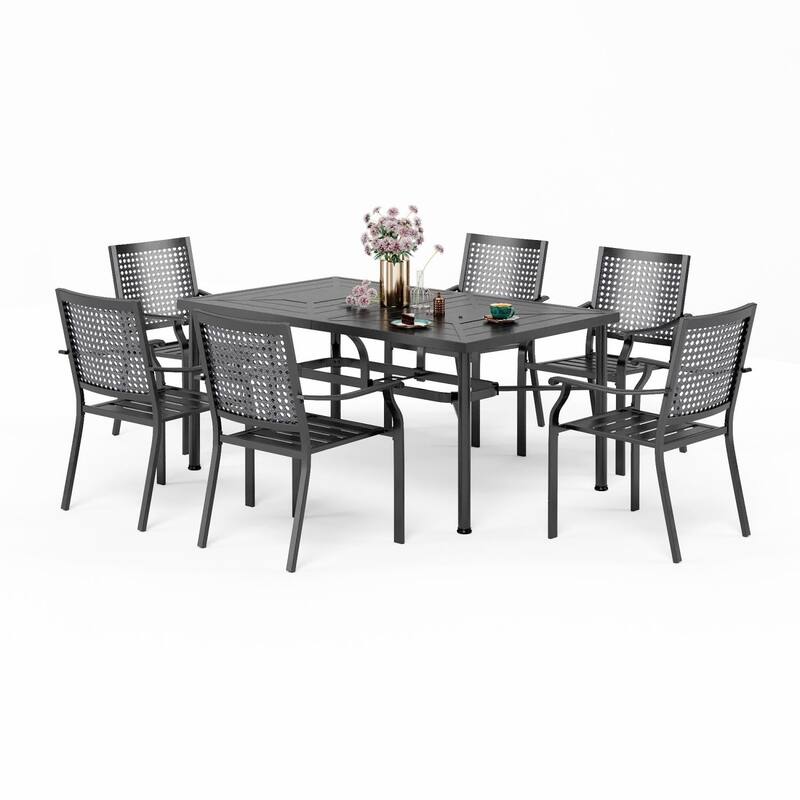 7-Piece Patio Dining Set Metal E-coating of 6 Upgraded Back Pattern Chairs & 1 Umbrella Hole Metal Table