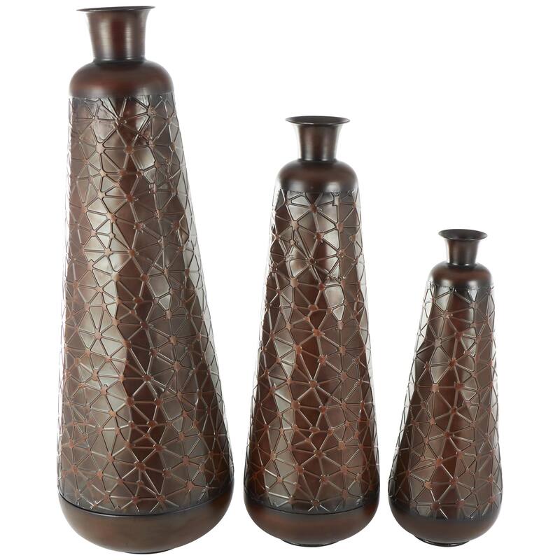 Metal Tall Decorative Vase with Geometric Designs - Set of 3 Dark Brown - Roche River Decor - Dark Brown - 53", 43", 32"H