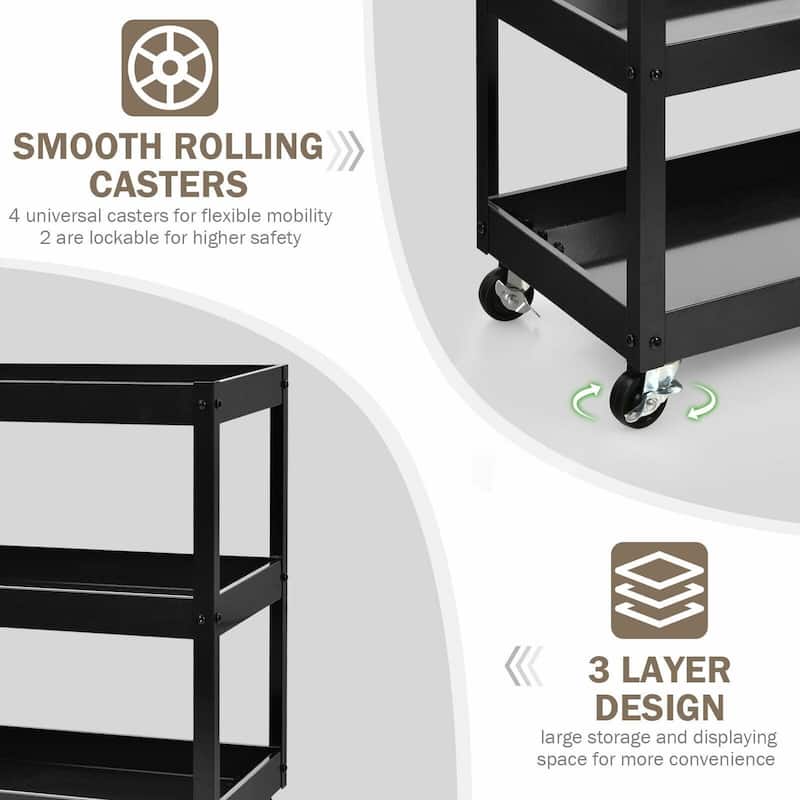 3-Tier Utility Cart Metal Mental Storage Service Trolley - 30'' x 15'' x 31'' (L x W x H)