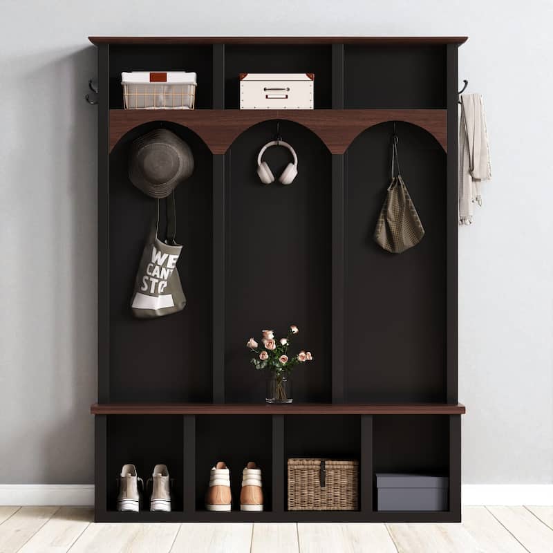Farmhouse Wooden Hall Tree with Arched Design, Entryway Storage Bench with 5 Hooks and 7 Shoe Cubbies for Mudroom