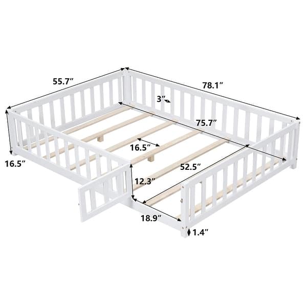 dimension image slide 0 of 3, Wooden Full Size Floor Platform Bed with Fence and Door for Kids