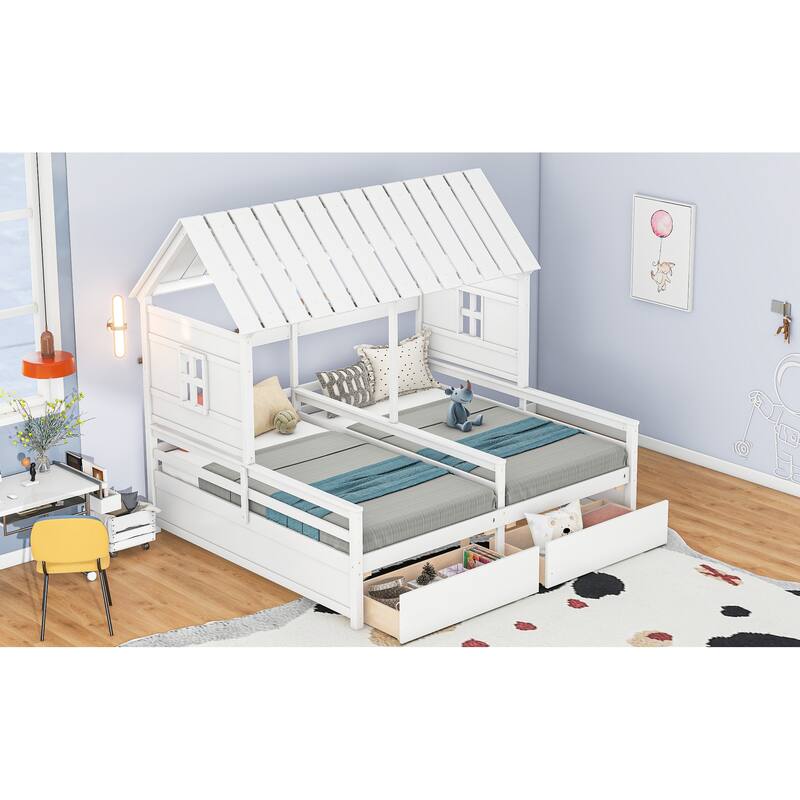 Twin House Beds with Storage Drawers, Perfect for Boy and Girl Shared Bedroom, Pine Wood Frame
