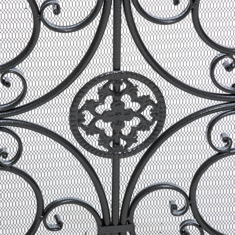 Fireplace Screen, 45 Inch Scroll Design with Mesh, Black Silver Iron