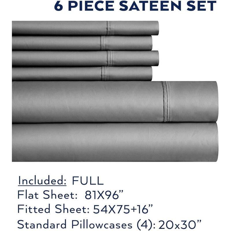 Thomasville 1500 Thread Count Dark Grey 6 Piece Premium Cotton Rich Sateen Sheet Set - Full