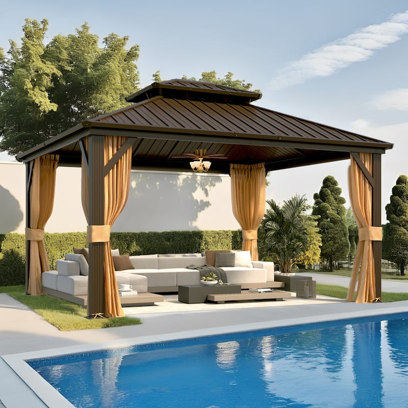 Hardtop Gazebo, Aluminum Frame Permanent Pavilion with Curtains and Netting, Outdoor Double Roof for Patios