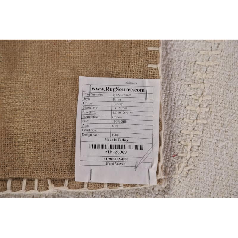 Kilim Turkish Area Rug Geometric Flatweave Silk Carpet - 9'8"x 12'10"