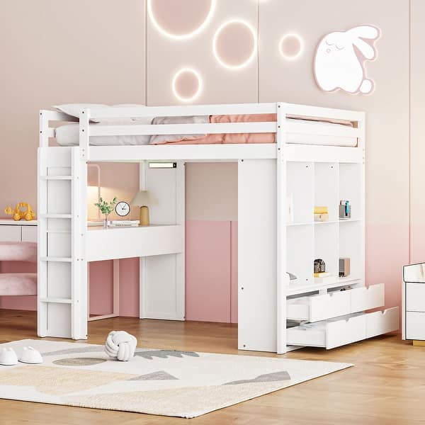 slide 2 of 18, Full Size Loft Bed With Large Shelves,Writing Desk and LED Light