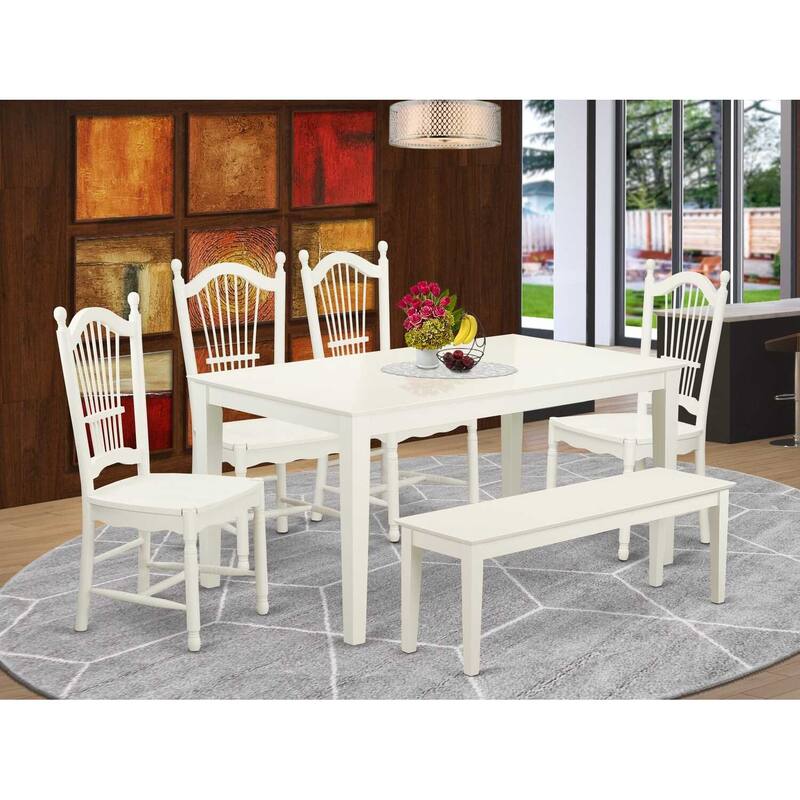 HomeStock 6-Piece Rectangle Linen White Finish Solid Wood Top Dining Table with 1 Bench, 4 Chairs with Lattice Back