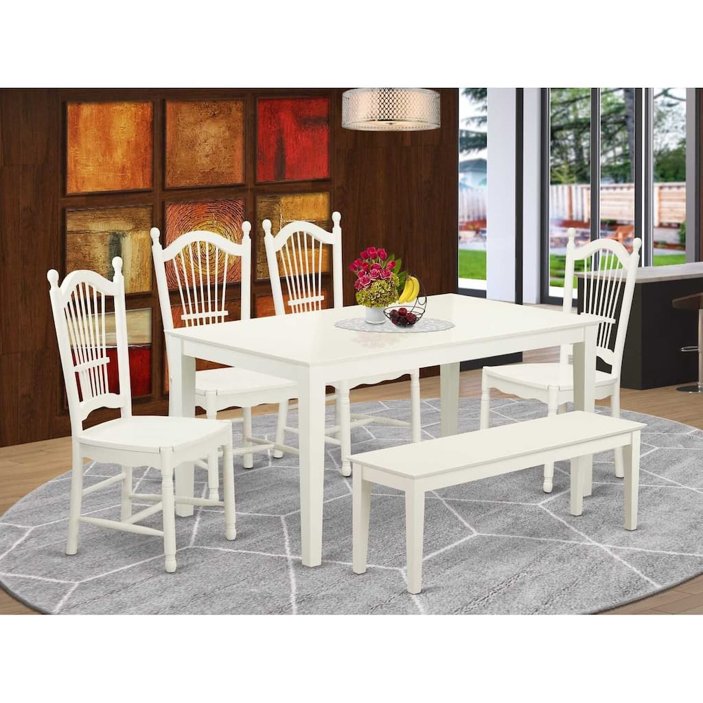 HomeStock 6-Piece Rectangle Linen White Finish Solid Wood Top Dining Table with 1 Bench, 4 Chairs with Lattice Back