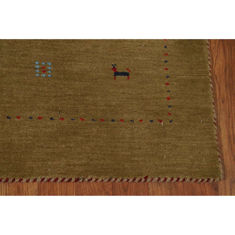 Olive Green Tribal Gabbeh Indian Rug Handmade Wool Carpet - 3'11" x 5'11"