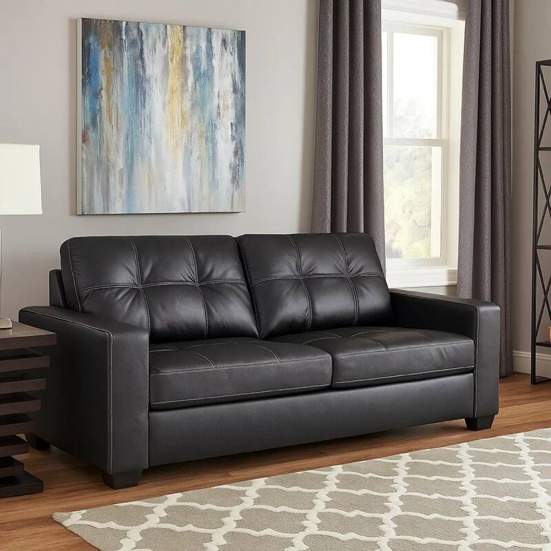 Barl Sofa Sleeper, Queen Size Pull Out Bed, 85 Inch Black Faux Leather