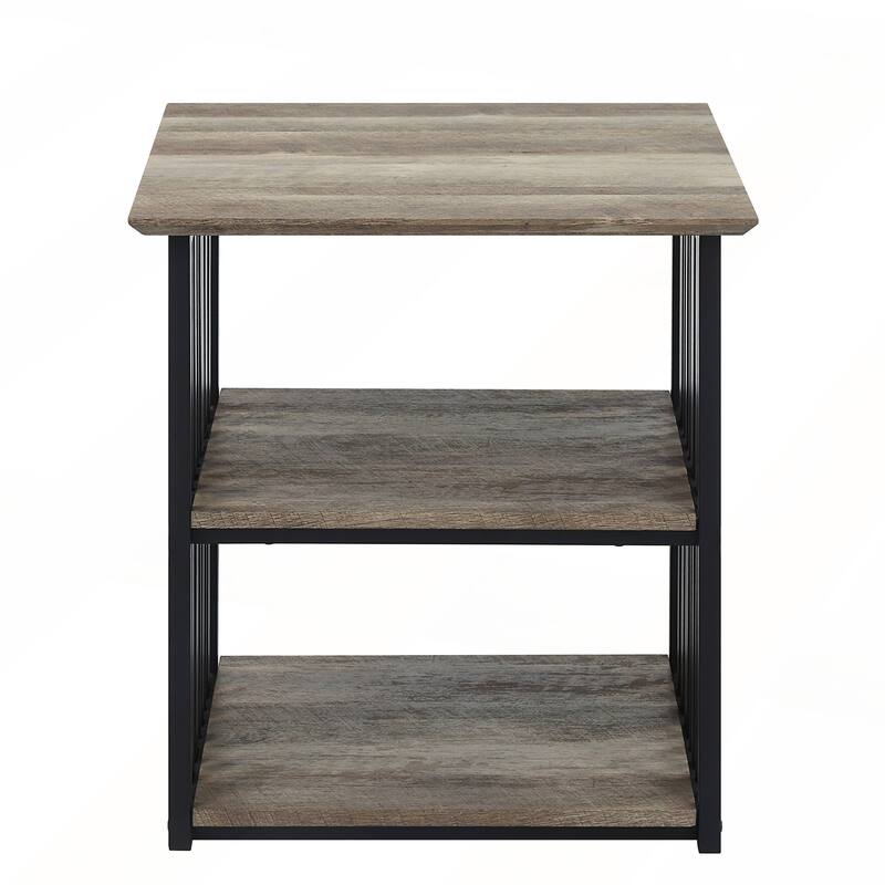 Antique Oak & Black Finish Nightstand with Industrial Style and Spacious Open Compartments